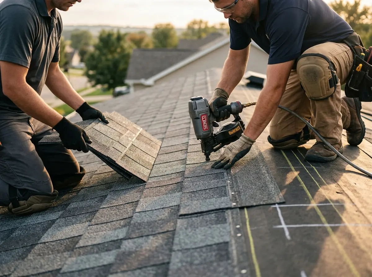 Professional roofer working on a residential roof in Libertyville